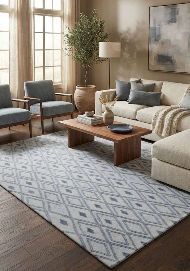 Saffron Rugs Hand-Tufted 100% Wool Area Rug | Light Blue Grey Rectangular Rug | Cotton Backing | Moroccan Geometric Home Decor Carpet for Living Room - Indya
