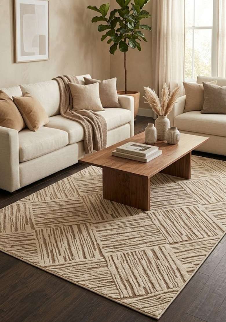 Saffron Rugs Hand-Tufted 100% Wool Area Rug | Cream and Tan Rectangular Rug | Cotton Backing | Contemporary Geometric Home Decor Carpet for Living Room - Indya