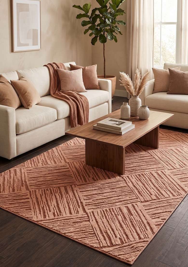 Saffron Rugs Hand-Tufted 100% Wool Area Rug | Terracotta Pink Rectangular Rug | Cotton Backing | Contemporary Geometric Home Decor Carpet for Living Room - Indya