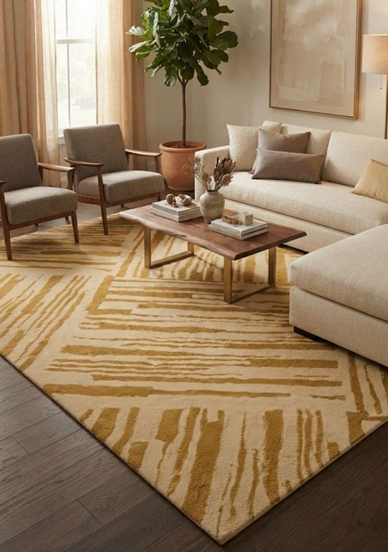 Saffron Rugs Hand-Tufted 100% Wool Area Rug | Gold Beige Rectangular Rug | Cotton Backing | Contemporary Geometric Home Decor Carpet for Living Room - Indya
