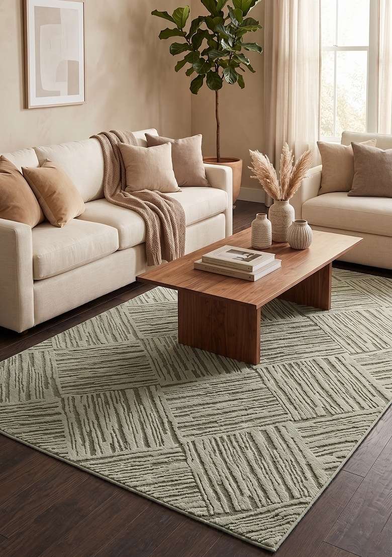 Saffron Rugs Hand-Tufted 100% Wool Area Rug | Sage Green Rectangular Rug | Cotton Backing | Contemporary Geometric Home Decor Carpet for Living Room - Indya