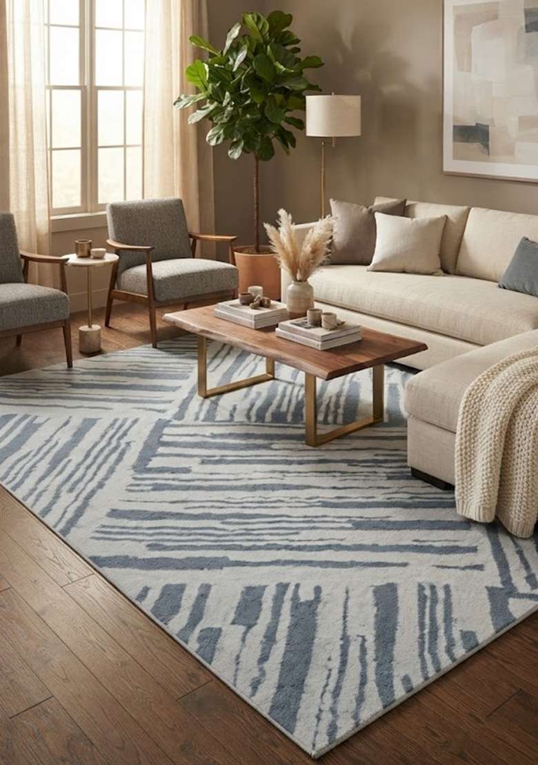 Saffron Rugs Hand-Tufted 100% Wool Area Rug | Steel Blue Grey Rectangular Rug | Cotton Backing | Contemporary Geometric Home Decor Carpet for Living Room - Indya