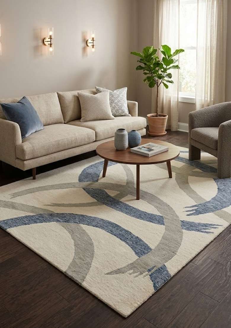 Saffron Rugs Hand-Tufted 100% Wool Area Rug | Ivory Rectangular Rug | Cotton Backing | Contemporary Swirls Home Decor Carpet for Living Room - Indya