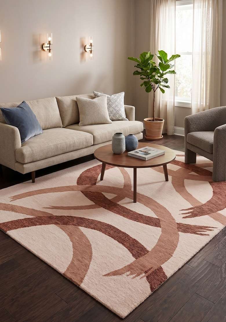 Saffron Rugs Hand-Tufted 100% Wool Area Rug | Blush Pink Rectangular Rug | Cotton Backing | Contemporary Swirls Home Decor Carpet for Living Room - Indya