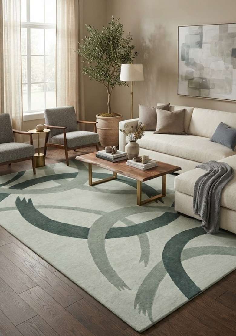 Saffron Rugs Hand-Tufted 100% Wool Area Rug | Sage Green Rectangular Rug | Cotton Backing | Contemporary Swirls Home Decor Carpet for Living Room - Indya
