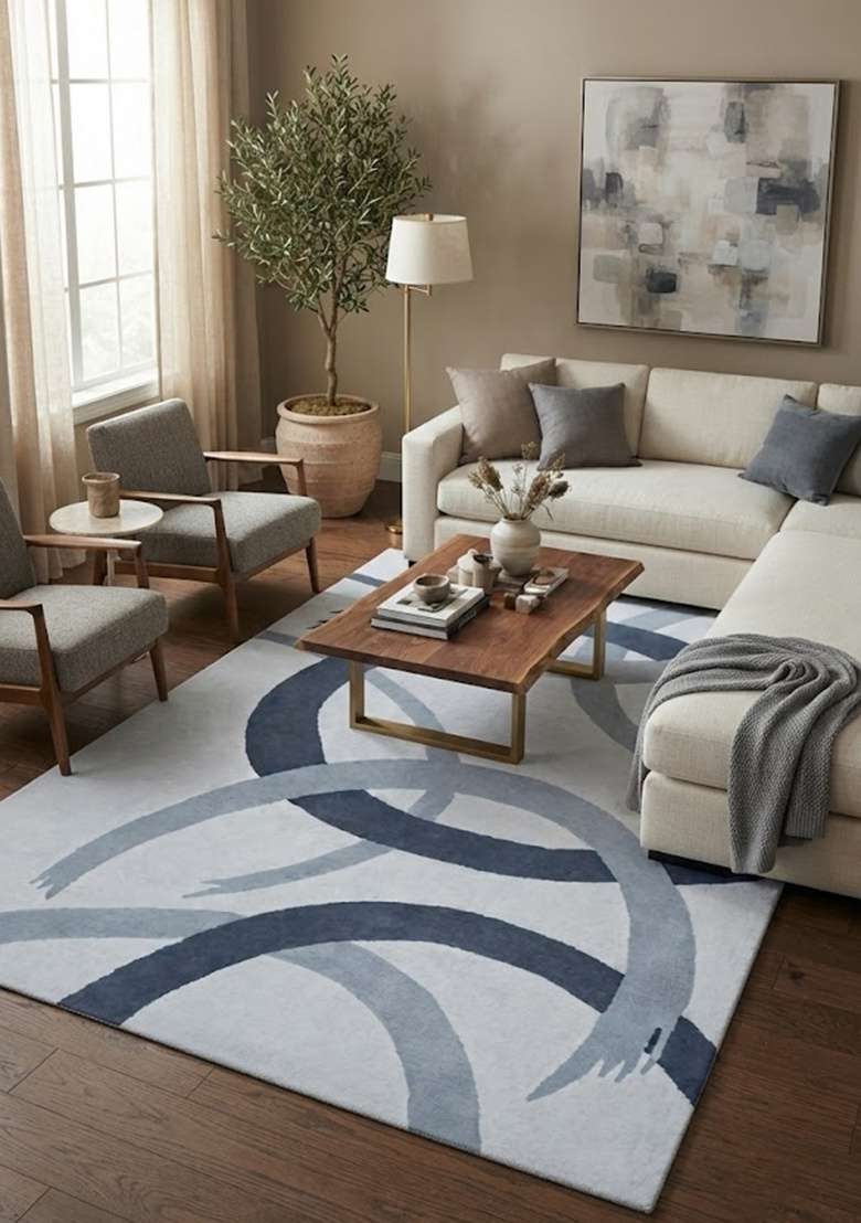 Saffron Rugs Hand-Tufted 100% Wool Area Rug | Light Blue Grey Rectangular Rug | Cotton Backing | Contemporary Swirls Home Decor Carpet for Living Room - Indya