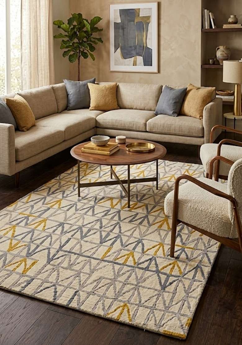 Saffron Rugs Hand-Tufted 100% Wool Area Rug | Cream Grey Gold Rectangular Rug | Cotton Backing | Mid-Century Modern Geometric Home Decor Carpet for Living Room - Indya