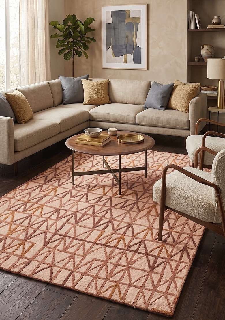 Saffron Rugs Hand-Tufted 100% Wool Area Rug | Blush Pink Rectangular Rug | Cotton Backing | Mid-Century Modern Geometric Home Decor Carpet for Living Room - Indya