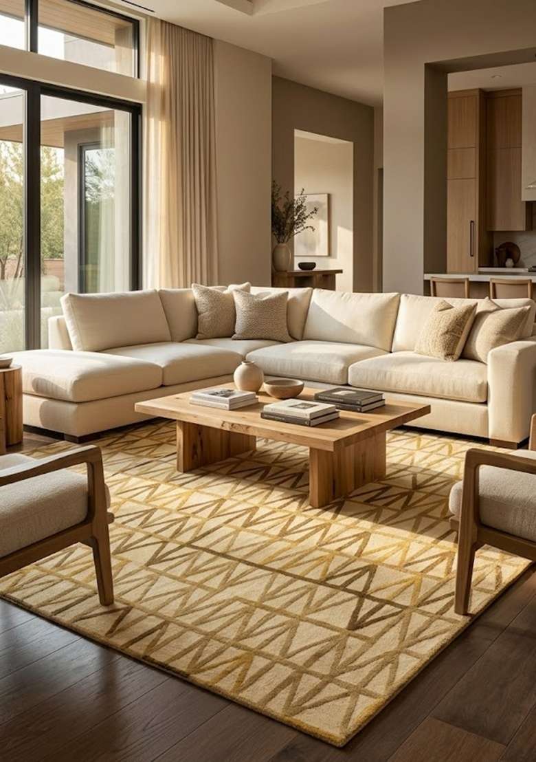 Saffron Rugs Hand-Tufted 100% Wool Area Rug | Cream Gold Rectangular Rug | Cotton Backing | Mid-Century Modern Geometric Home Decor Carpet for Living Room - Indya