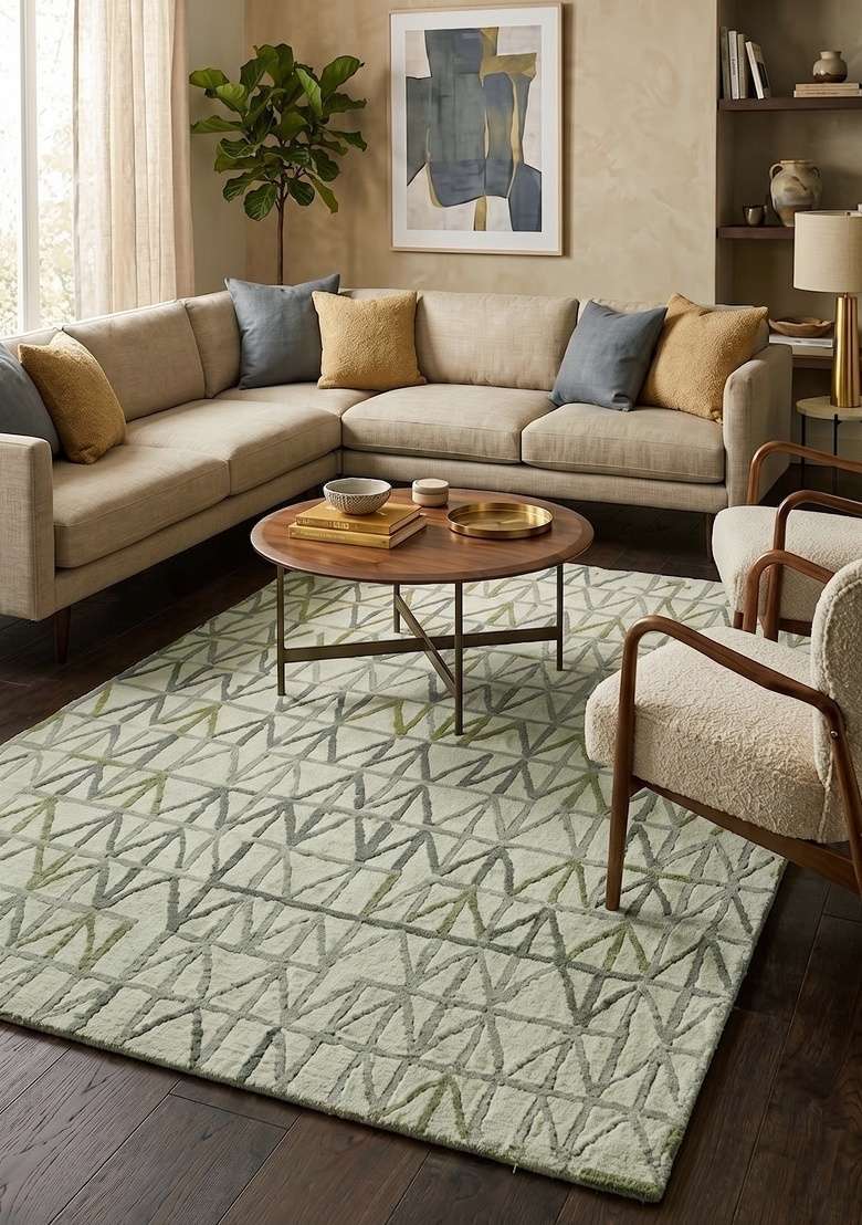 Saffron Rugs Hand-Tufted 100% Wool Area Rug | Sage Green Grey Rectangular Rug | Cotton Backing | Mid-Century Modern Geometric Home Decor Carpet for Living Room - Indya