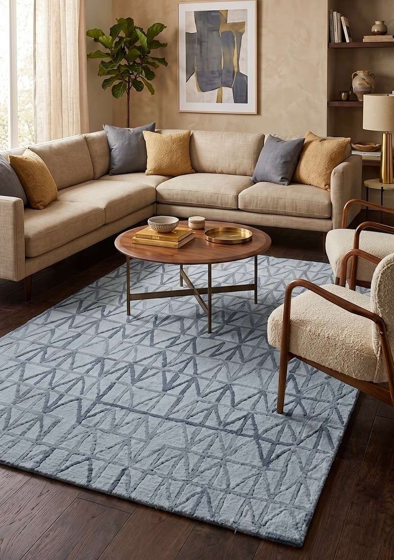 Saffron Rugs Hand-Tufted 100% Wool Area Rug | Light Blue Grey Rectangular Rug | Cotton Backing | Mid-Century Modern Geometric Home Decor Carpet for Living Room - Indya