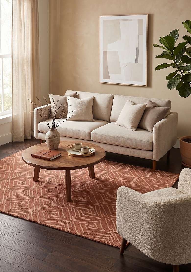 Saffron Rugs Hand-Tufted 100% Wool Area Rug | Terracotta Rectangular Rug | Cotton Backing | Contemporary Geometric Home Decor Carpet for Living Room - Indya
