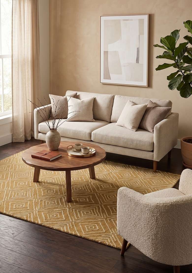 Saffron Rugs Hand-Tufted 100% Wool Area Rug | Golden Yellow Rectangular Rug | Cotton Backing | Contemporary Geometric Home Decor Carpet for Living Room - Indya