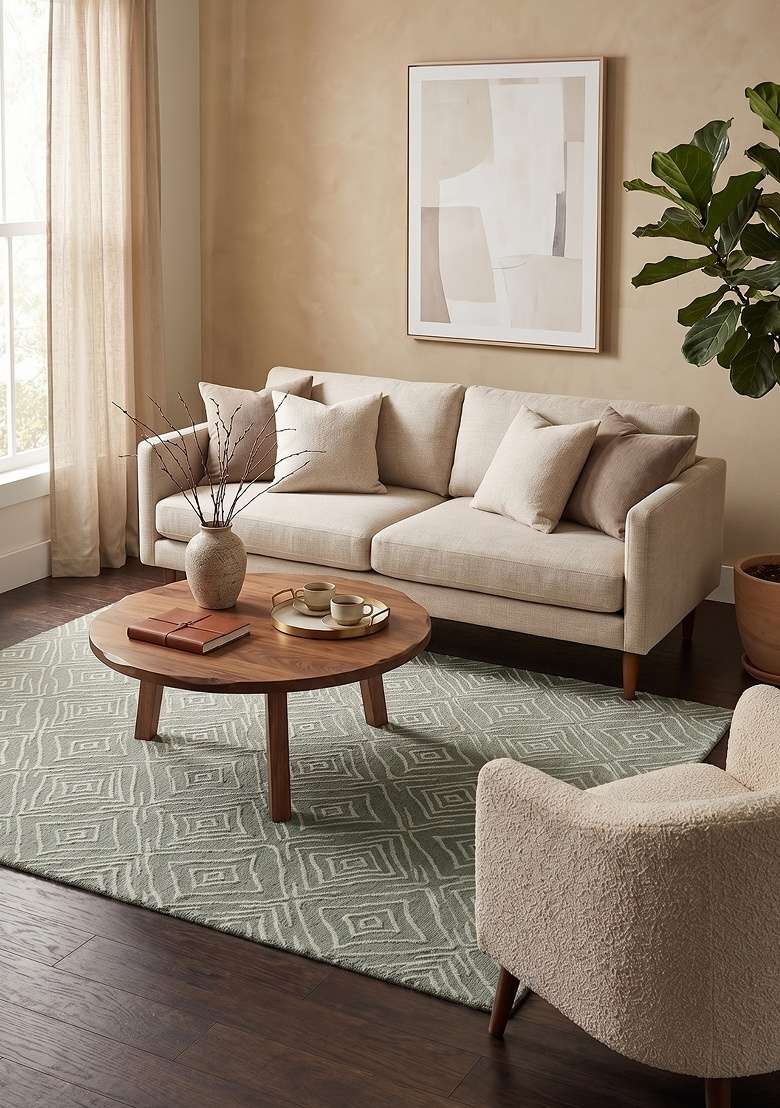 Saffron Rugs Hand-Tufted 100% Wool Area Rug | Sage Green Rectangular Rug | Cotton Backing | Contemporary Geometric Home Decor Carpet for Living Room - Indya