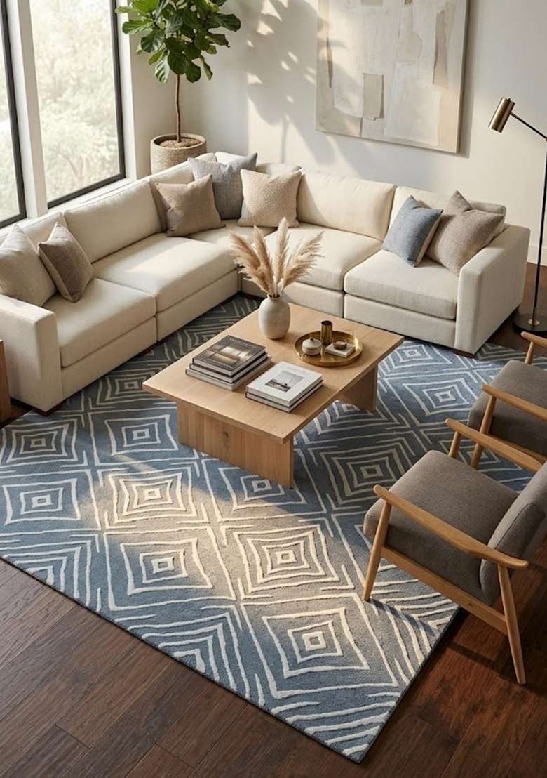 Saffron Rugs Hand-Tufted 100% Wool Area Rug | Steel Blue Rectangular Rug | Cotton Backing | Contemporary Geometric Home Decor Carpet for Living Room - Indya