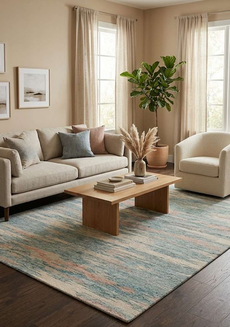 Saffron Rugs Hand-Tufted 100% Wool Area Rug | Teal Blue Rectangular Rug | Cotton Backing | Contemporary Striped Home Decor Carpet for Living Room - Indya