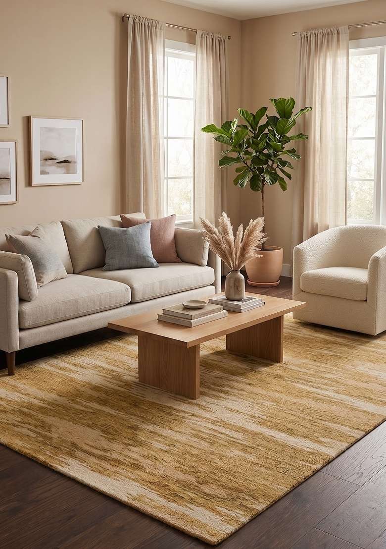 Saffron Rugs Hand-Tufted 100% Wool Area Rug | Golden Yellow Rectangular Rug | Cotton Backing | Contemporary Striped Home Decor Carpet for Living Room - Indya