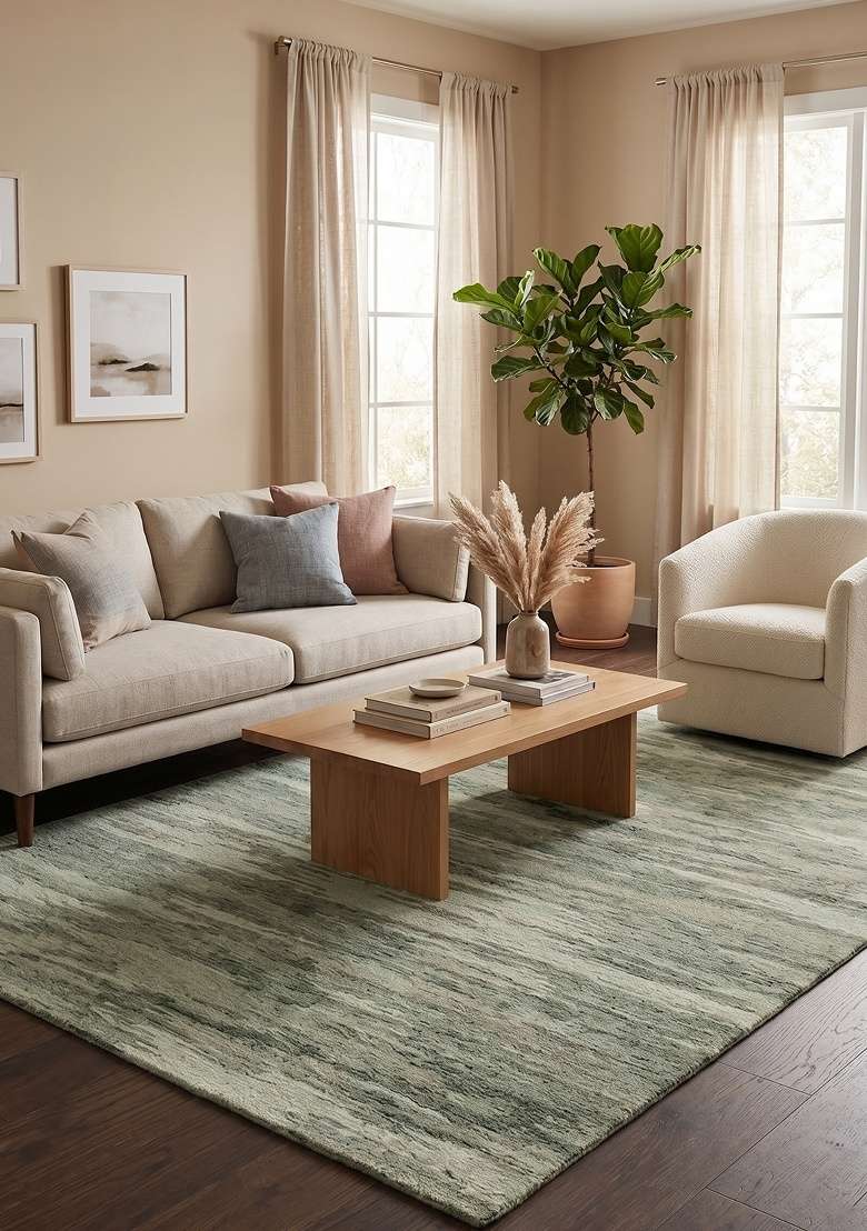 Saffron Rugs Hand-Tufted 100% Wool Area Rug | Sage Green Rectangular Rug | Cotton Backing | Contemporary Striped Home Decor Carpet for Living Room - Indya