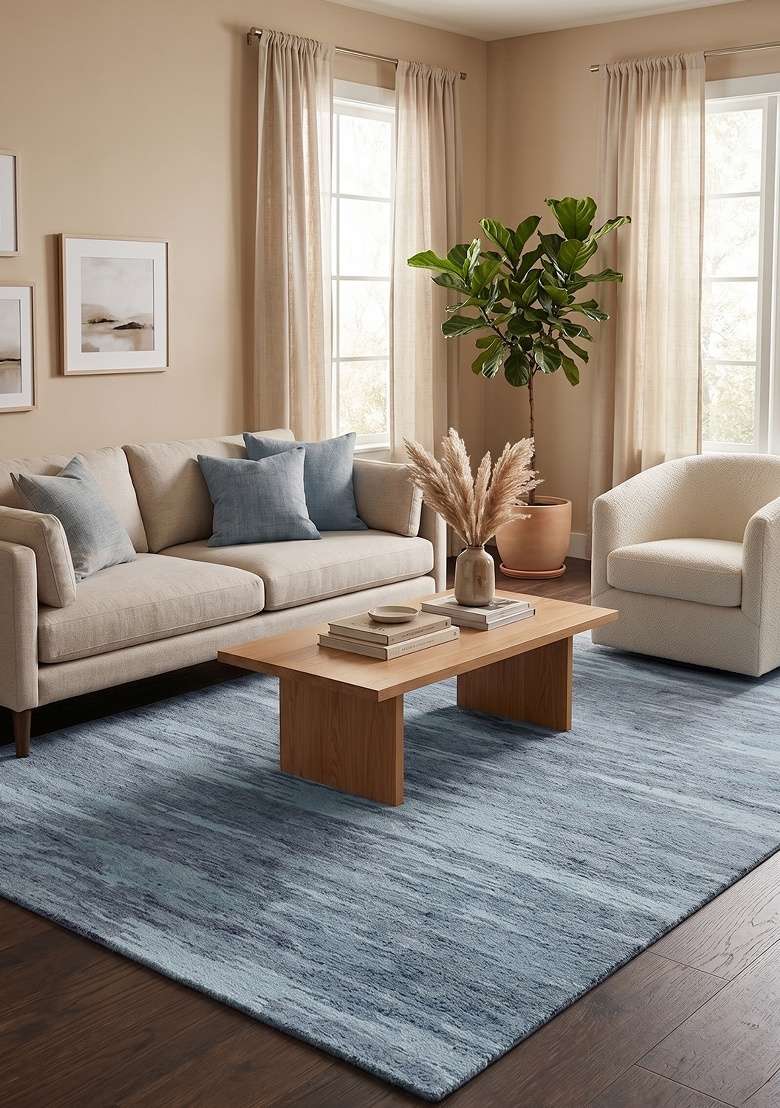 Saffron Rugs Hand-Tufted 100% Wool Area Rug | Steel Blue Rectangular Rug | Cotton Backing | Contemporary Striped Home Decor Carpet for Living Room - Indya