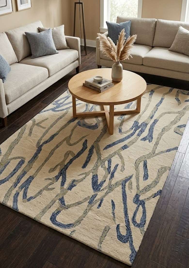 Saffron Rugs Hand-Tufted 100% Wool Area Rug | Cream Beige Rectangular Rug | Cotton Backing | Contemporary Swirls Home Decor Carpet for Living Room - Indya