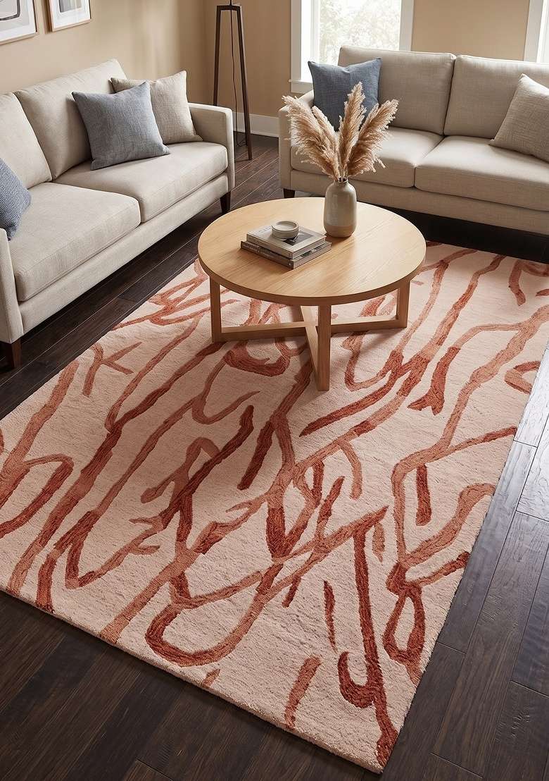 Saffron Rugs Hand-Tufted 100% Wool Area Rug | Blush Pink Rectangular Rug | Cotton Backing | Contemporary Swirls Home Decor Carpet for Living Room - Indya