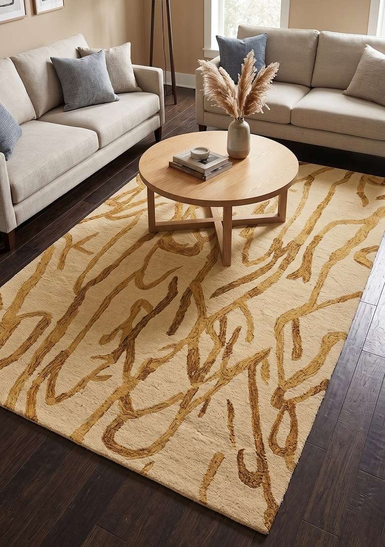 Saffron Rugs Hand-Tufted 100% Wool Area Rug | Beige Gold Rectangular Rug | Cotton Backing | Contemporary Swirls Home Decor Carpet for Living Room - Indya