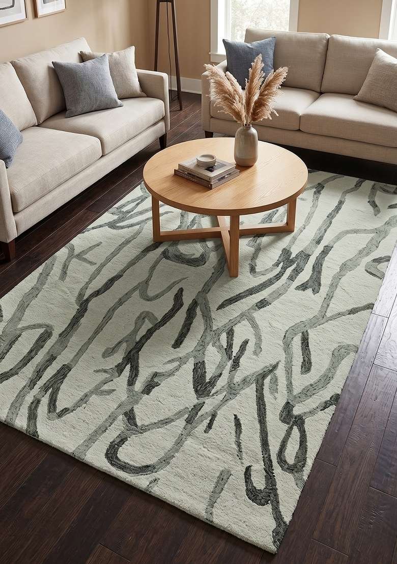 Saffron Rugs Hand-Tufted 100% Wool Area Rug | Light Grey Green Rectangular Rug | Cotton Backing | Contemporary Swirls Home Decor Carpet for Living Room - Indya