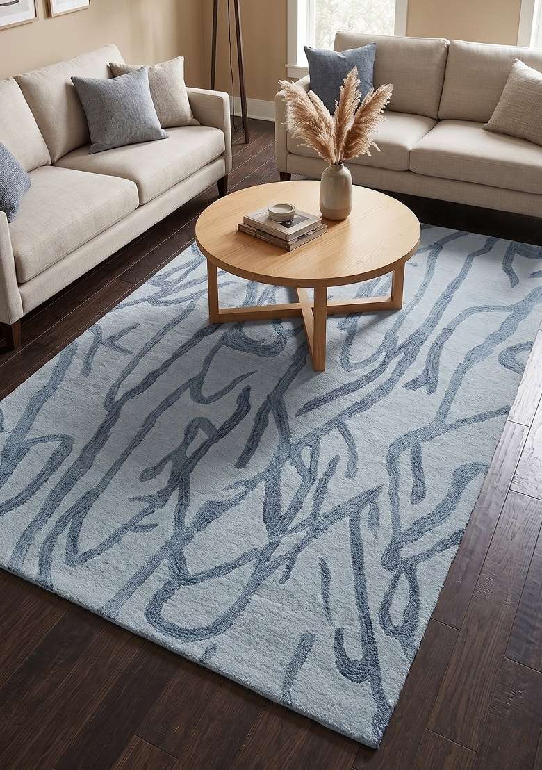 Saffron Rugs Hand-Tufted 100% Wool Area Rug | Light Blue Grey Rectangular Rug | Cotton Backing | Contemporary Swirls Home Decor Carpet for Living Room - Indya