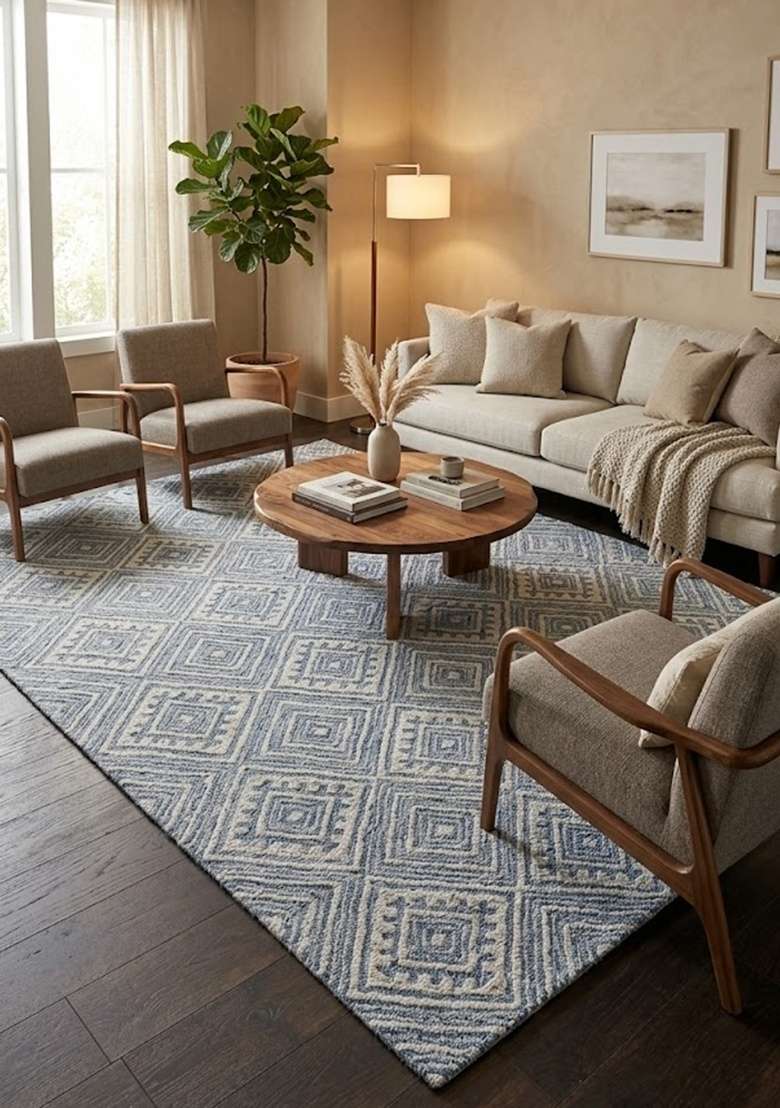 Saffron Rugs Hand-Tufted 100% Wool Area Rug | Blue Grey Rectangular Rug | Cotton Backing | Moroccan Geometric Home Decor Carpet for Living Room - Indya