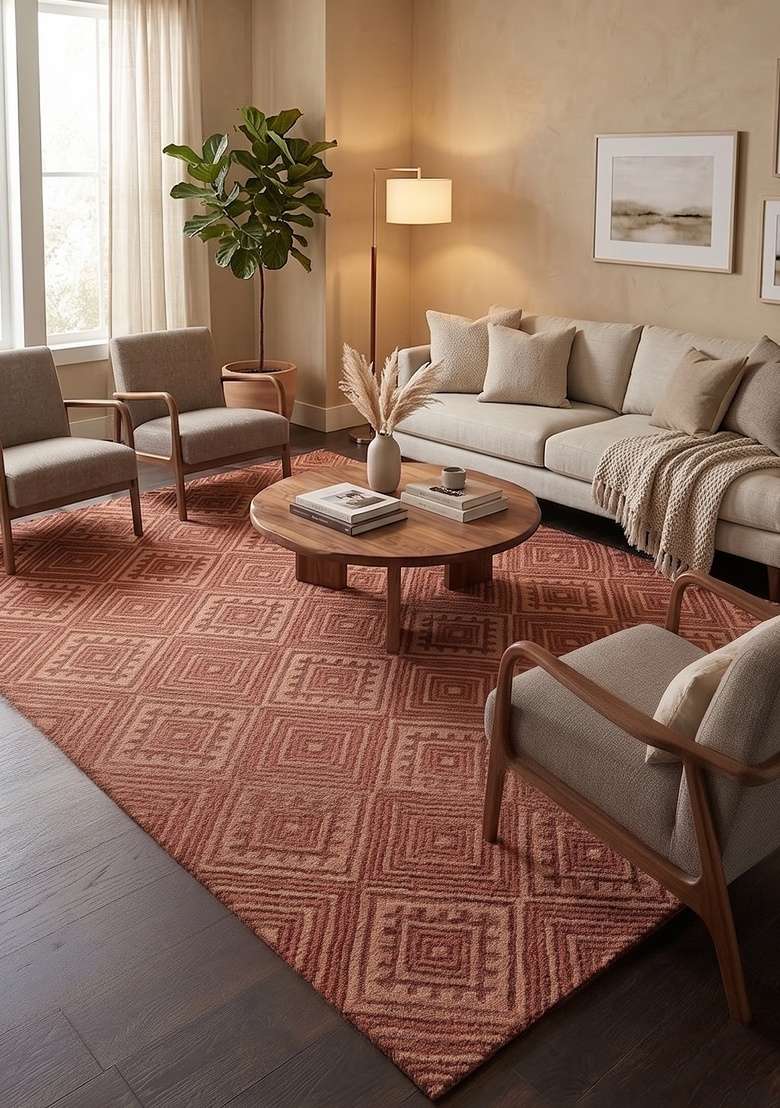 Saffron Rugs Hand-Tufted 100% Wool Area Rug | Terracotta Rectangular Rug | Cotton Backing | Moroccan Geometric Home Decor Carpet for Living Room - Indya