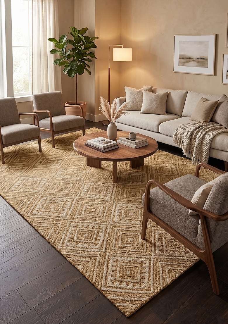 Saffron Rugs Hand-Tufted 100% Wool Area Rug | Golden Beige Rectangular Rug | Cotton Backing | Moroccan Geometric Home Decor Carpet for Living Room - Indya