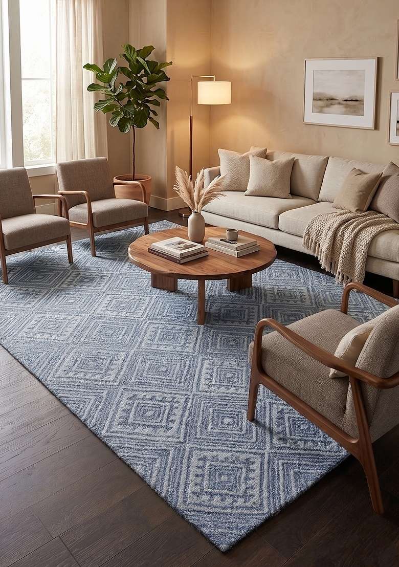 Saffron Rugs Hand-Tufted 100% Wool Area Rug | Steel Blue Rectangular Rug | Cotton Backing | Moroccan Geometric Home Decor Carpet for Living Room - Indya