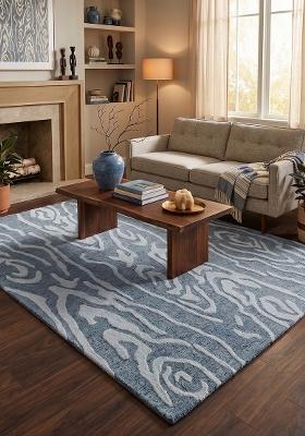 Saffron Rugs Hand Tufted Steel Blue Swirls Contemporary Rectangular Wool Area Rug