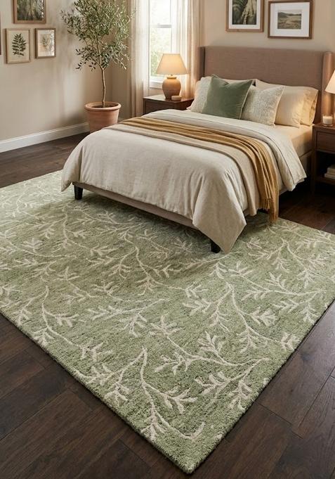 Saffron Rugs Hand Tufted Sage Green Floral Transitional Rectangular Wool Area Rug