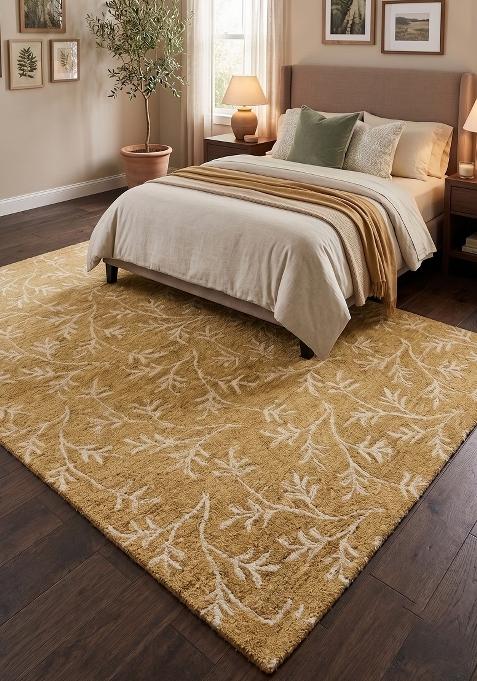 Saffron Rugs Hand Tufted Gold Floral Transitional Rectangular Wool Area Rug