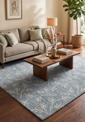 Saffron Rugs Hand Tufted Steel Blue Floral Transitional Rectangular Wool Area Rug