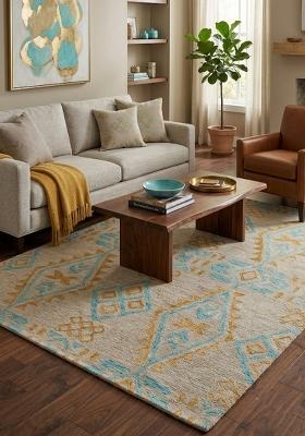 Saffron Rugs Hand Tufted Beige Geometric Bohemian Rectangular Wool Area Rug