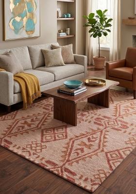 Saffron Rugs Hand Tufted Peach Geometric Bohemian Rectangular Wool Area Rug