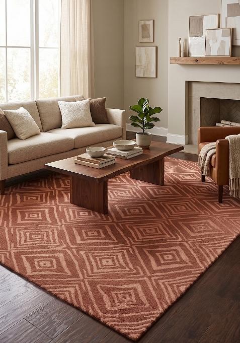 Saffron Rugs Hand Tufted Terracotta Brown Geometric Bohemian Rectangular Wool Area Rug