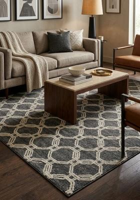 Saffron Rugs Hand Tufted Charcoal Grey Geometric Contemporary Rectangular Wool Area Rug