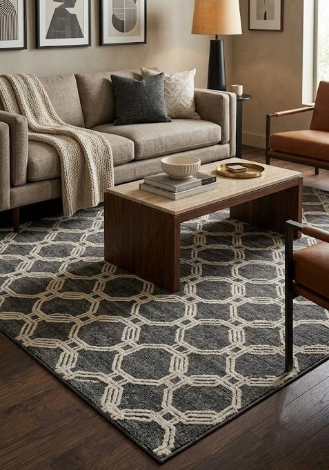 Saffron Rugs Hand Tufted Charcoal Grey Geometric Contemporary Rectangular Wool Area Rug