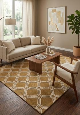 Saffron Rugs Hand Tufted Gold Geometric Contemporary Rectangular Wool Area Rug