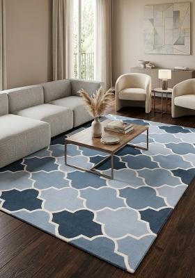 Saffron Rugs Hand Tufted Steel Blue Trellis Moroccan Rectangular Wool Area Rug