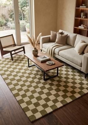 Saffron Rugs Hand Tufted Olive and Cream Checkered Contemporary Rectangular Wool Area Rug
