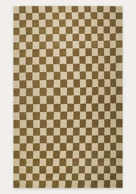 100% Wool Handmade Olive And Cream Rug | Contemporary Checkered Carpet With Cotton Backing For Living Room