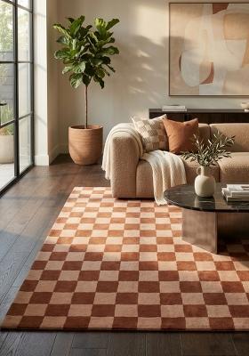 Saffron Rugs Hand Tufted Terracotta Checkered Contemporary Rectangular Wool Area Rug