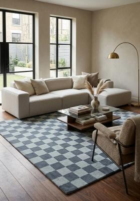 Saffron Rugs Hand Tufted Steel Blue Checkered Contemporary Rectangular Wool Area Rug