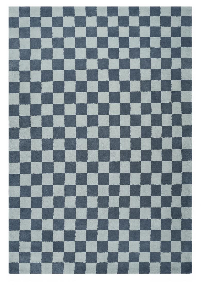 Saffron Rugs Hand Tufted Steel Blue Checkered Contemporary Rectangular Wool Area Rug - Indya