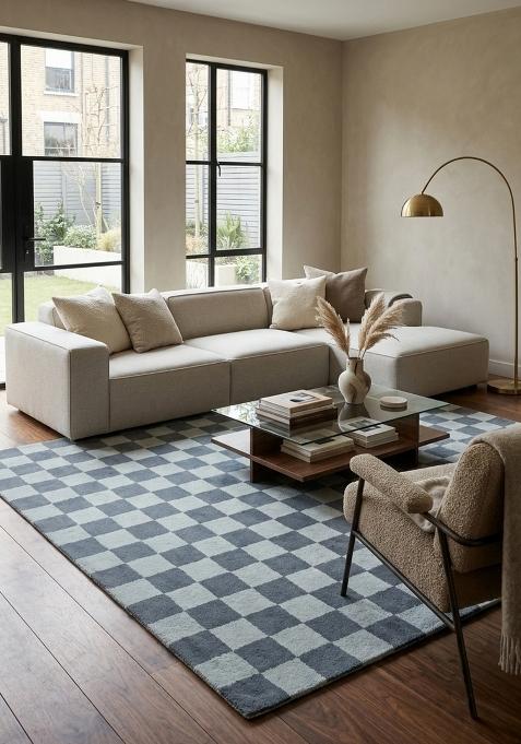 Saffron Rugs Hand Tufted Steel Blue Checkered Contemporary Rectangular Wool Area Rug