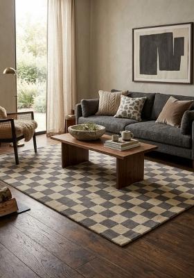 Saffron Rugs Hand Tufted Beige and Grey Checkered Contemporary Rectangular Wool Area Rug